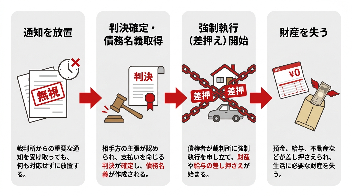 裁判所からの通知を放置した場合、判決確定、強制執行、そして給与や預貯金の差押えに至るまでの流れを示した図解。
