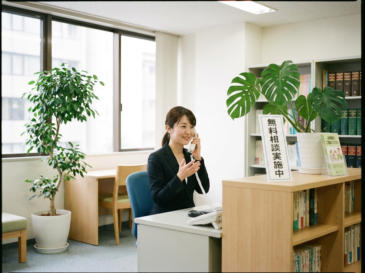 法律事務所の無料相談の様子をイメージした写真。女性スタッフが笑顔で電話対応している。