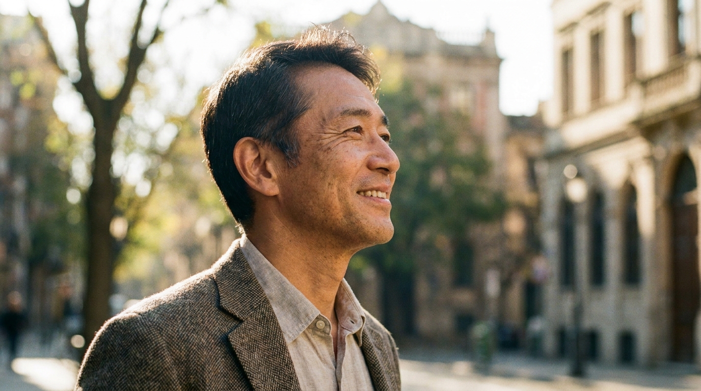 自己破産の手続きを乗り越え、希望に満ちた表情で未来を見つめる男性。人生の再スタートを象徴するイメージ。
