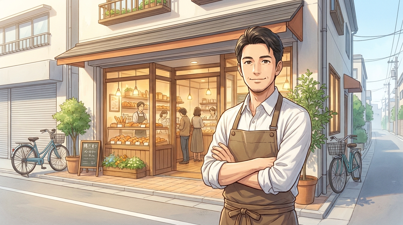 個人再生後も事業を継続している自営業者のイメージイラスト。店舗の前で穏やかに微笑む店主が描かれている。