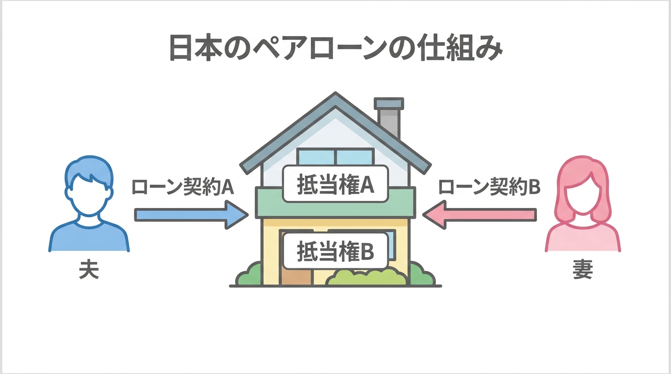 ペアローンの仕組みを図解したイラスト。夫婦それぞれがローン契約を結び、一つの家に2つの抵当権が設定される様子が示されている。
