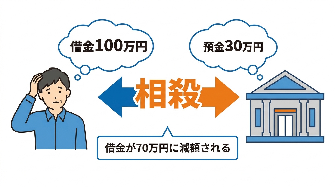 債務整理における銀行口座凍結の仕組み「相殺」を解説する図解。借金100万円と預金30万円が相殺され、借金が70万円に減る様子が示されている。