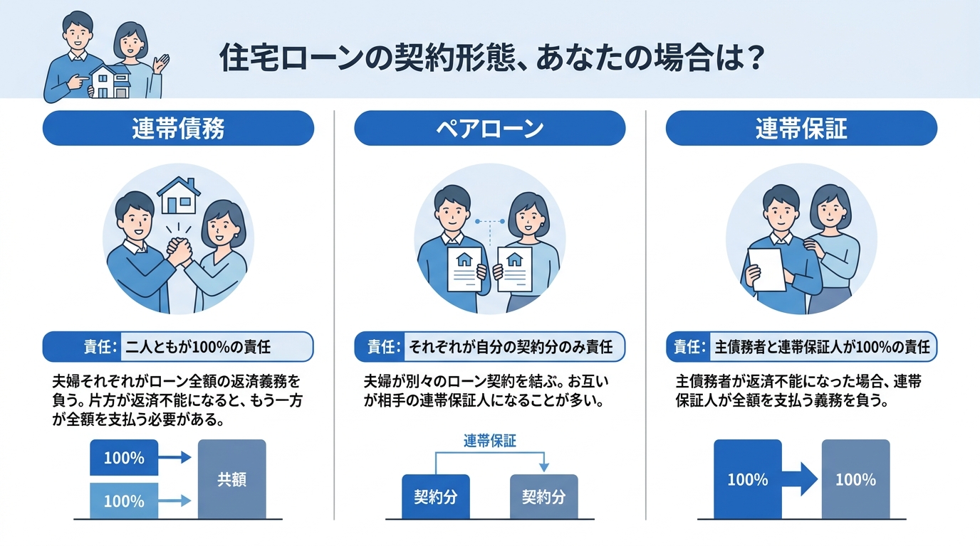 連帯債務、ペアローン、連帯保証という3つの住宅ローン契約形態の違いを比較した図解。それぞれの責任の範囲と特徴をイラスト付きで分かりやすく解説しています。