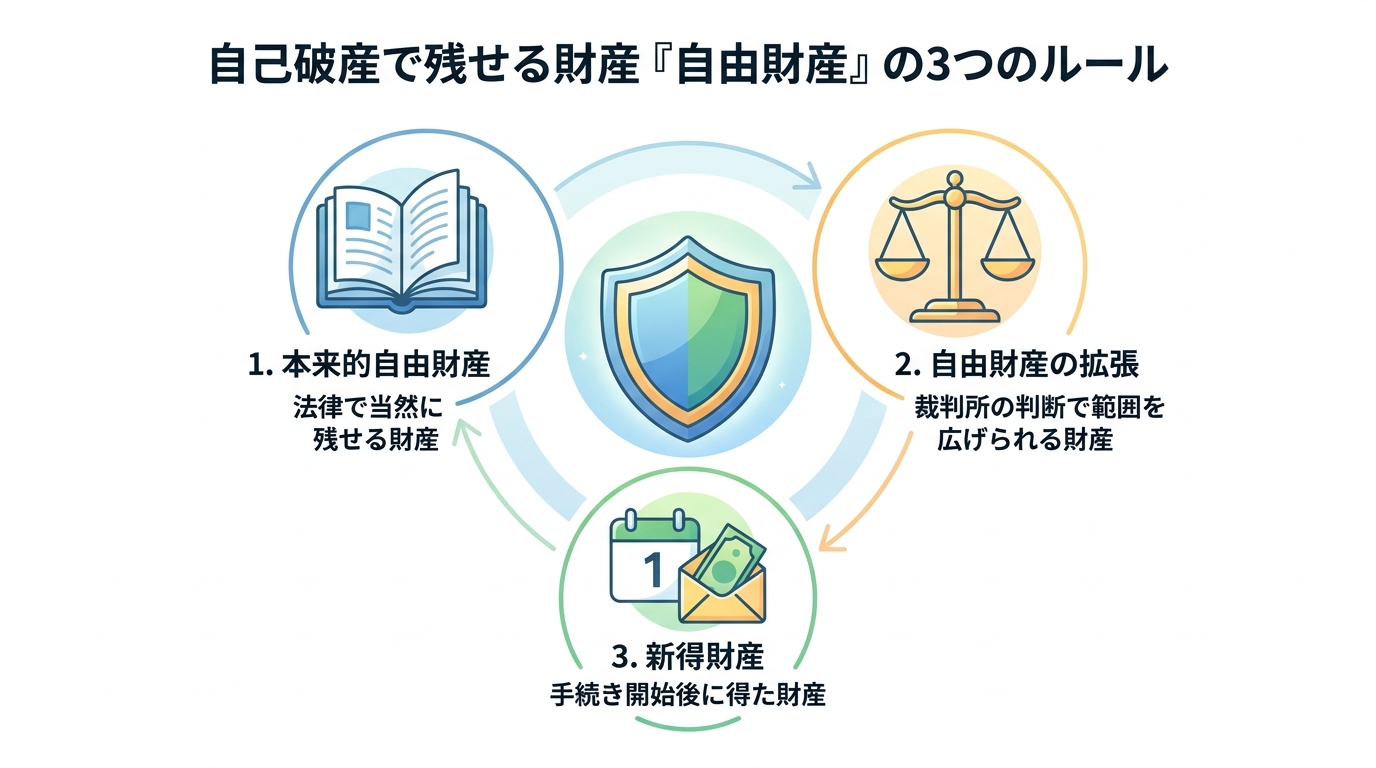自己破産で残せる自由財産の3つの基本ルールを図解したインフォグラフィック。本来的自由財産、自由財産の拡張、新得財産についてアイコン付きで解説。