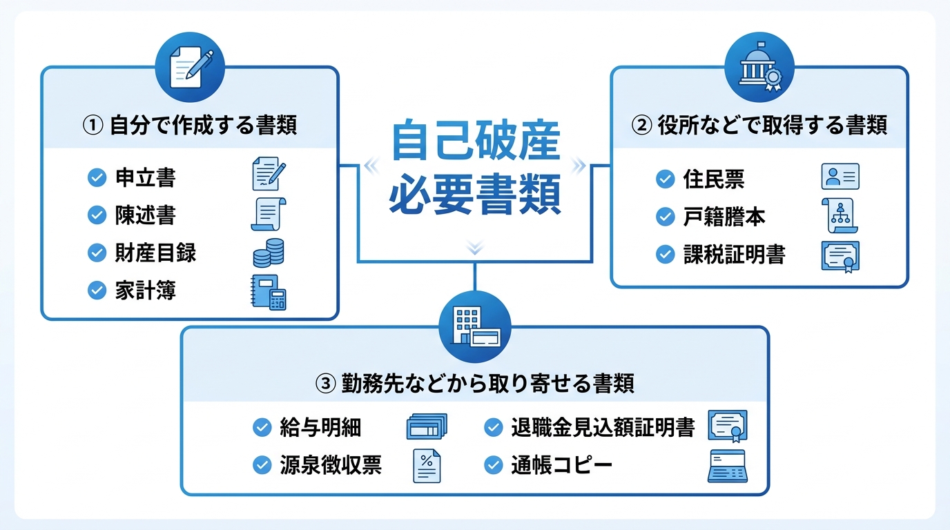 自己破産の必要書類を「自分で作成」「役所で取得」「勤務先から取得」の3つに分類したチェックリストの図解。
