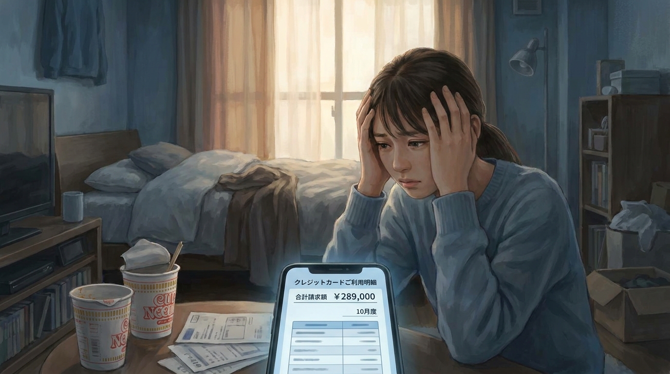 スマートフォンの画面を見て頭を抱える20代女性。キャッシュレス決済による借金の原因を象徴している。