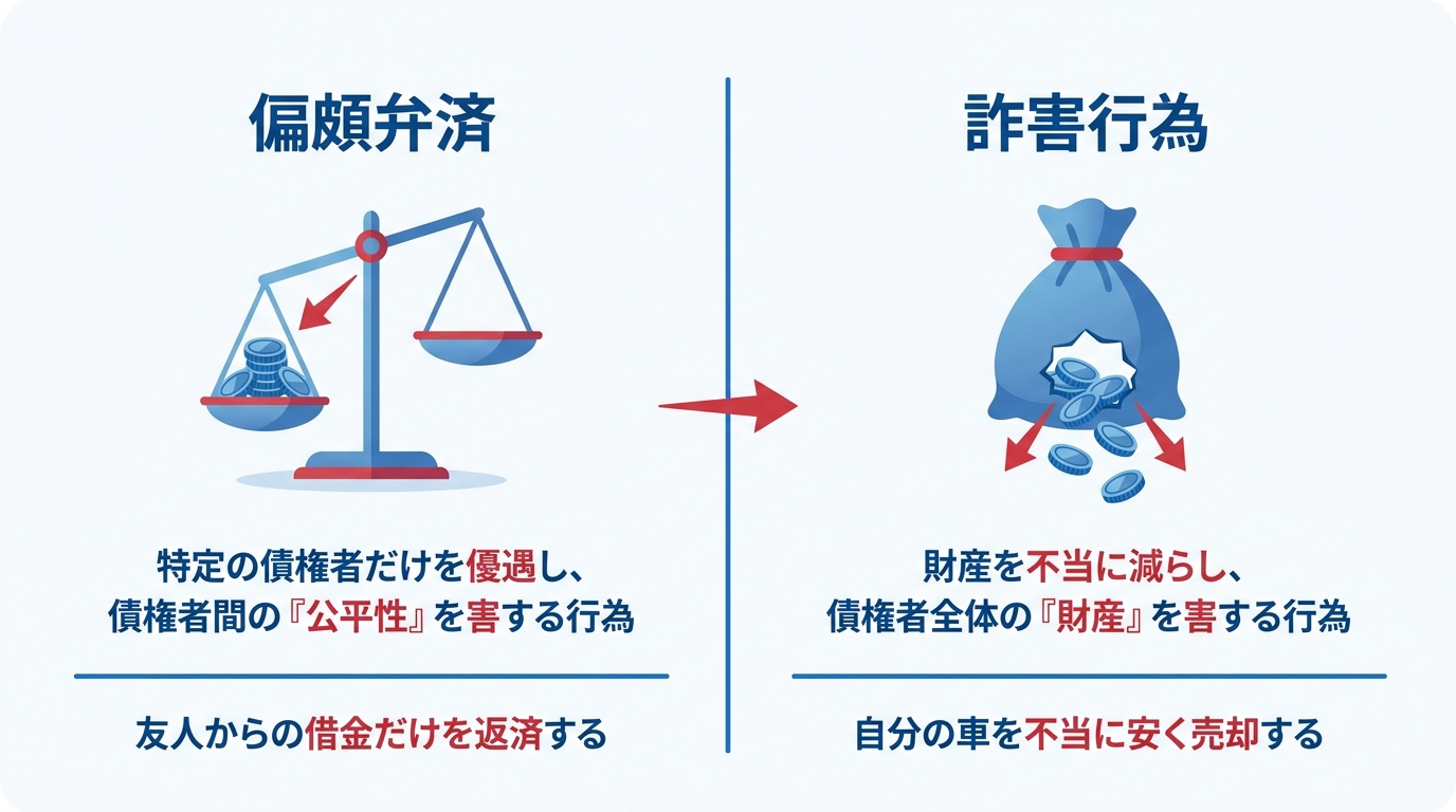 偏頗弁済と詐害行為の違いを比較する図解。偏頗弁済は債権者間の公平性を害する行為、詐害行為は債権者全体の財産を害する行為であることが示されている。