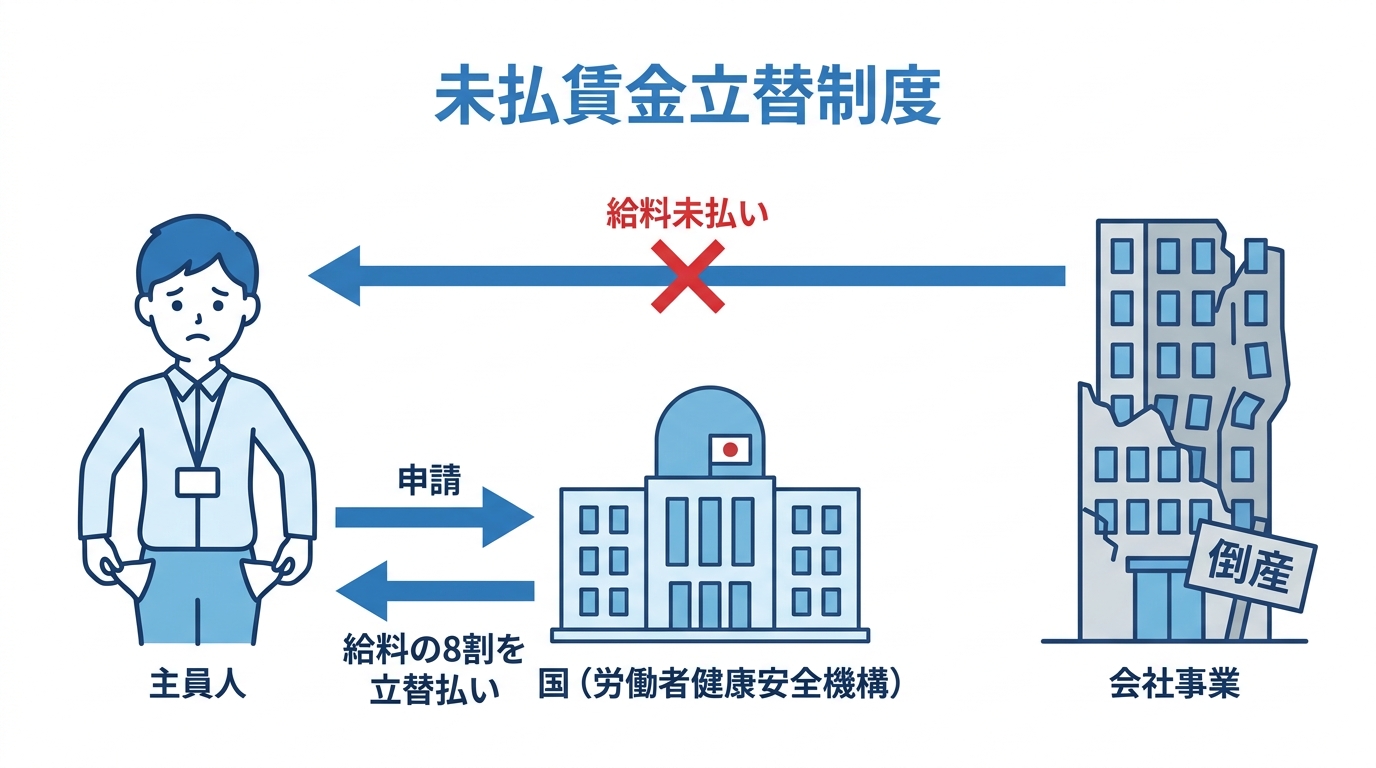 未払賃金立替制度の仕組みを図解したインフォグラフィック。国が破産した会社に代わって従業員に未払い給料の8割を立て替える流れを示している。
