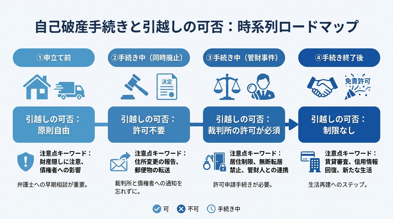 自己破産手続きのタイミング別に引越しの可否と注意点をまとめたロードマップ図解。申立て前から手続き終了後までの4つのフェーズが示されている。