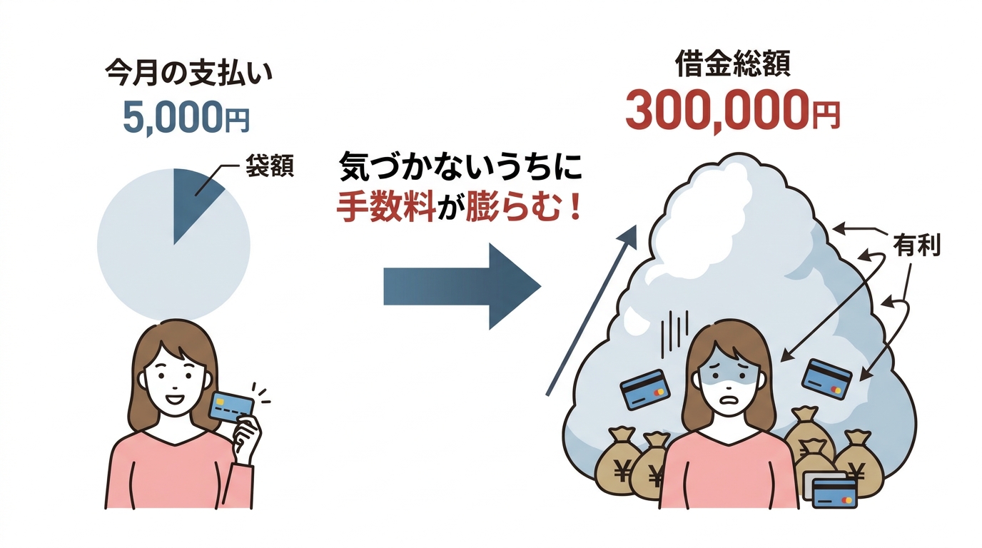 クレジットカードのリボ払いの仕組みを図解したインフォグラフィック。毎月の支払額は少なくても、手数料によって借金総額が雪だるま式に増えていく危険性を示している。