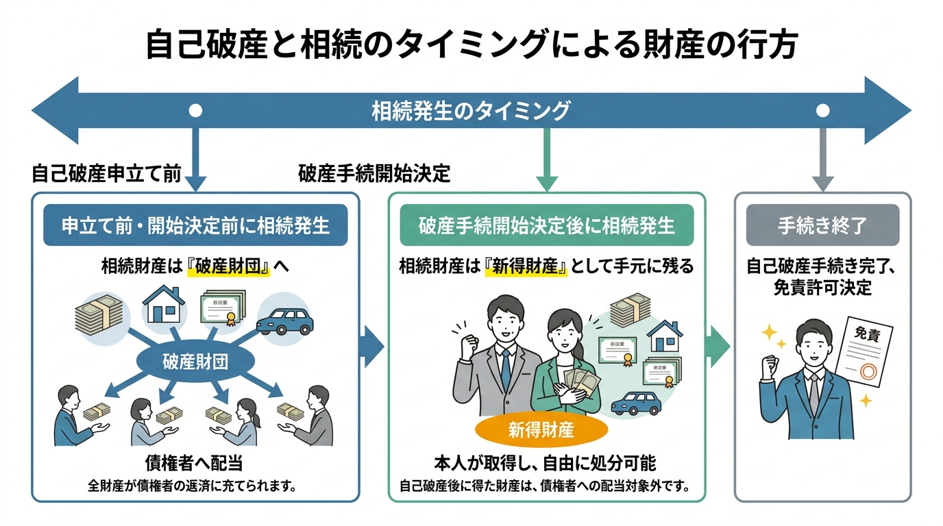 自己破産手続きの時系列と相続のタイミングによる財産の扱いの違いを示した図解。申立て前に相続すると破産財団に、開始決定後に相続すると新得財産になることが示されている。