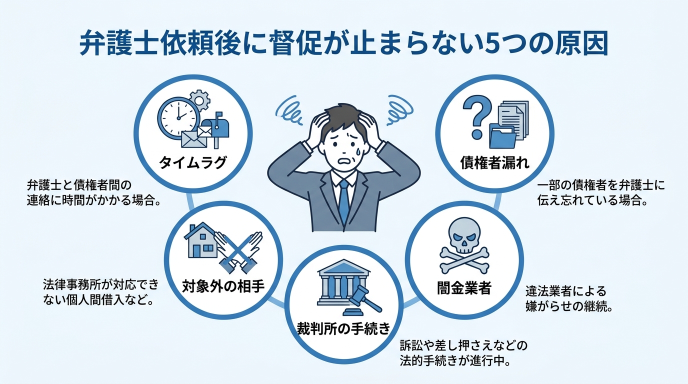 弁護士に依頼後も督促が止まらない5つの原因を図解したインフォグラフィック。タイムラグ、債権者漏れ、対象外、闇金、裁判所手続きの5つのケースがアイコン付きで示されている。