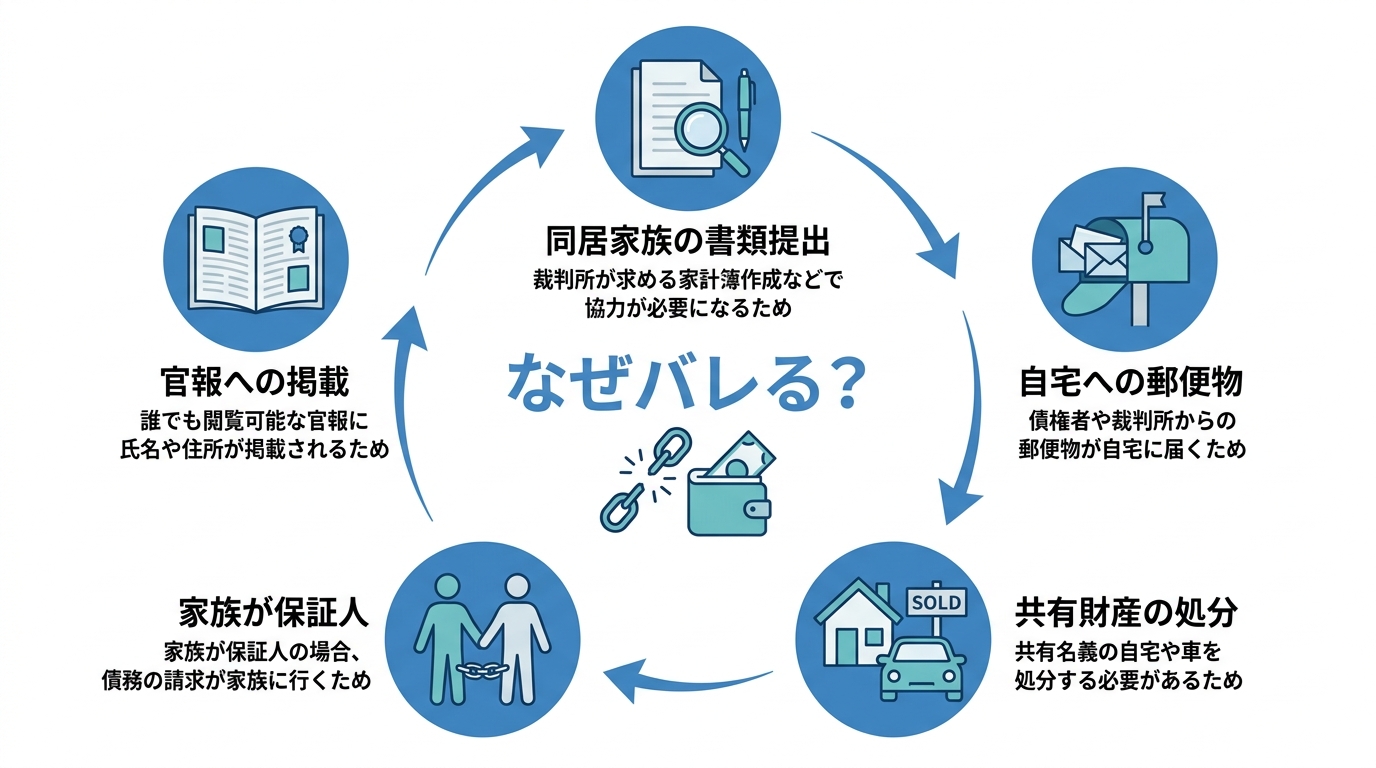 自己破産が家族にバレる5つの原因を図解したインフォグラフィック。原因として書類提出、郵便物、財産処分、保証人、官報掲載が挙げられている。