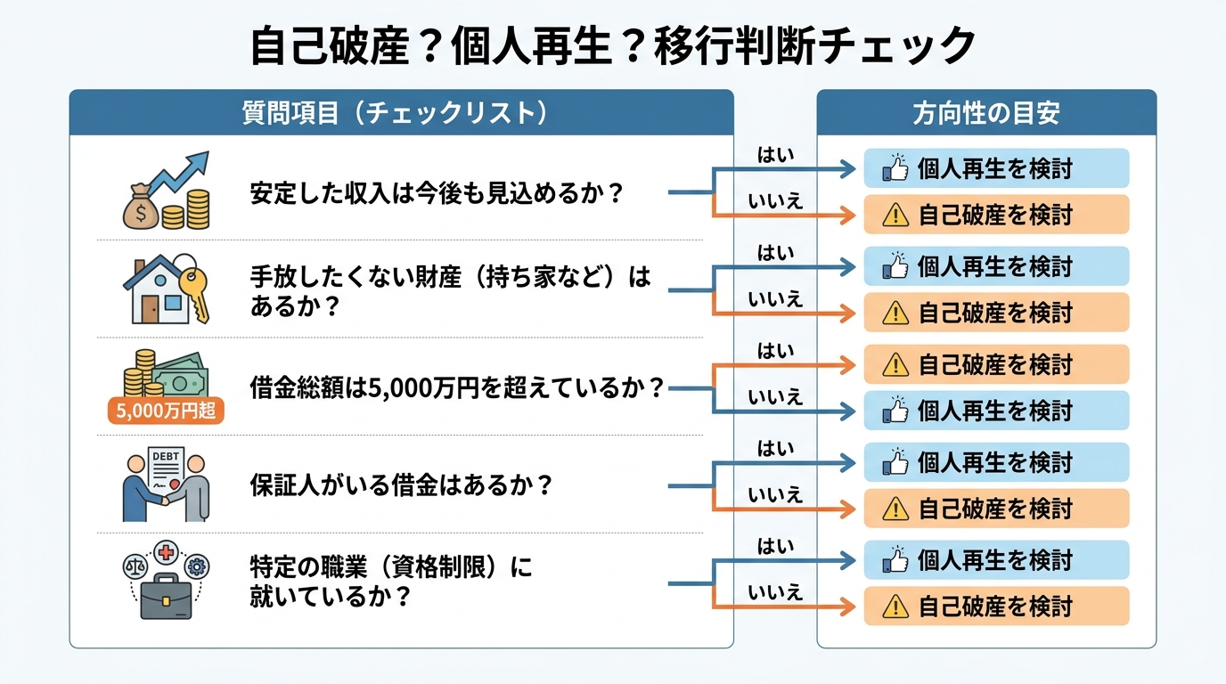 自己破産と個人再生、どちらを選ぶべきかの判断チェックリスト。収入、財産、借金額などの質問に答えることで、自分に適した手続きの方向性がわかるインフォグラフィック。