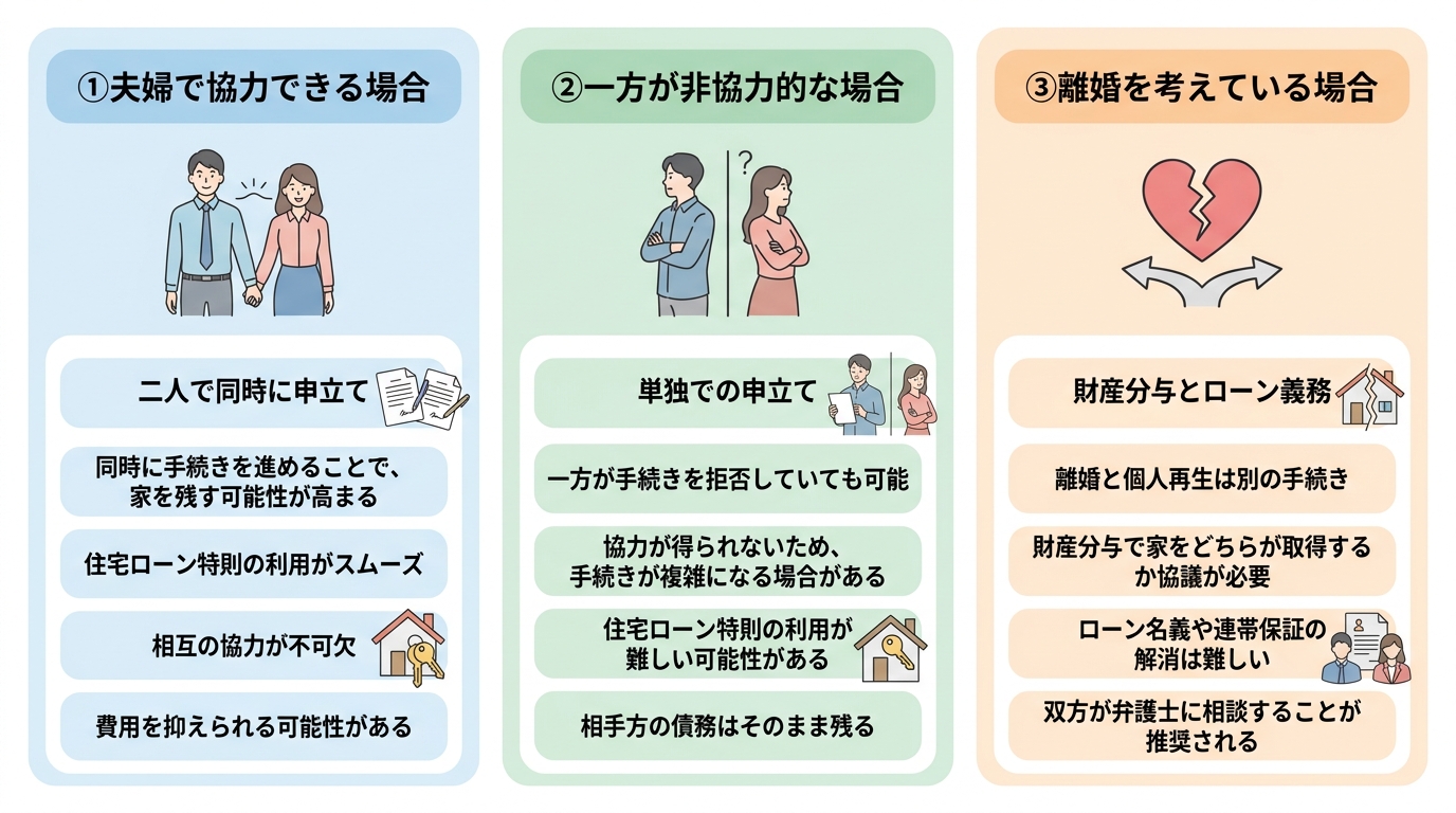 ペアローンで個人再生を進める3つの選択肢。夫婦で協力する場合、一方が非協力的な場合、離婚を考えている場合の3つの状況別に解決策の要点を示した図解。