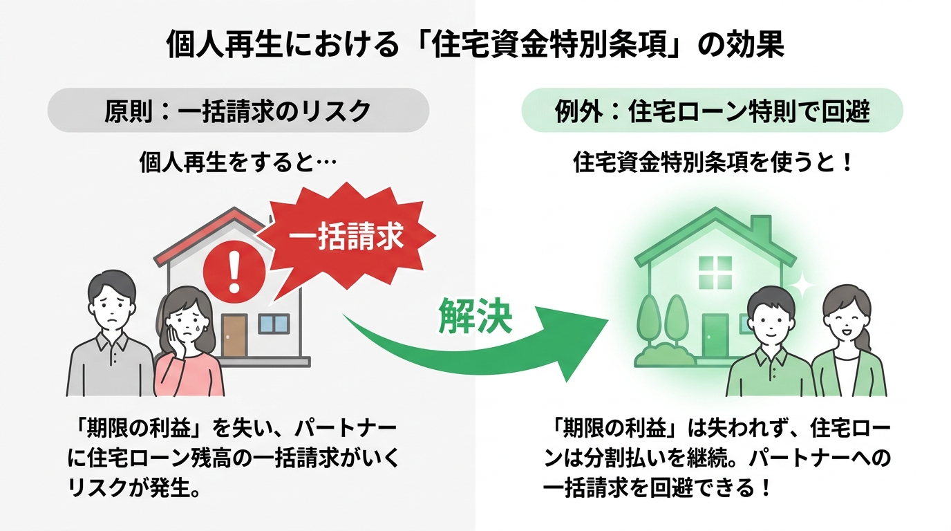 個人再生で住宅ローン特則を使った場合の効果を示す図解。特則なしの場合の一括請求リスクと、特則ありの場合に分割払いを継続できるメリットを対比して解説しています。