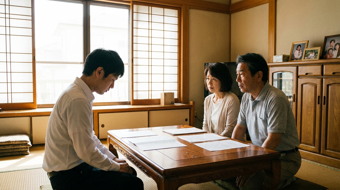 奨学金の自己破産について、保証人である両親に真剣に話をする若い男性。家族で問題に向き合う様子。