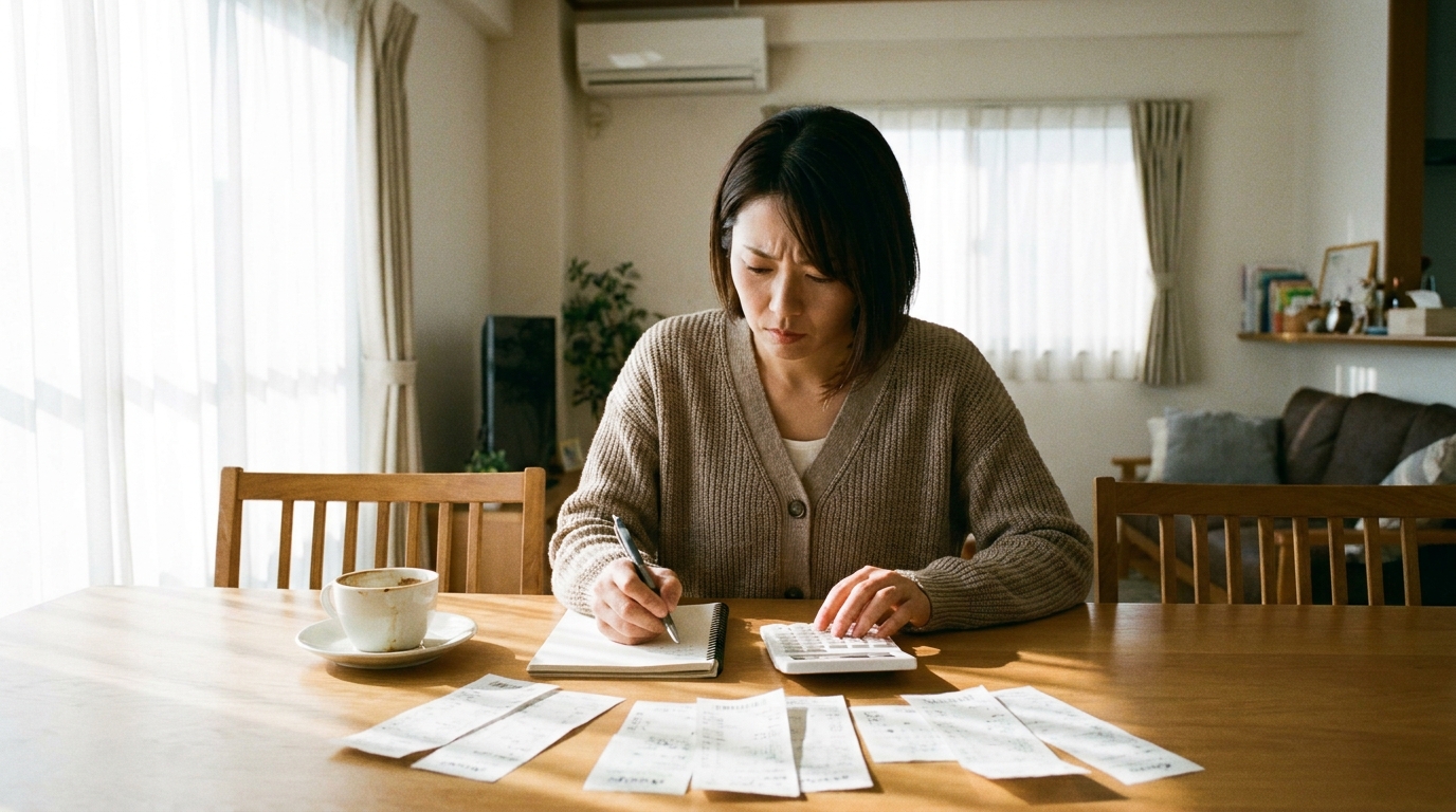 自己破産のために真剣な表情で家計簿をつけている女性。生活再建への誠実な姿勢を表している。