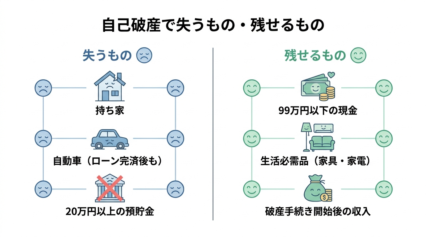自己破産で失うもの（家、車、20万円以上の預貯金）と残せるもの（99万円以下の現金、生活必需品、手続き後の収入）を比較した図解。