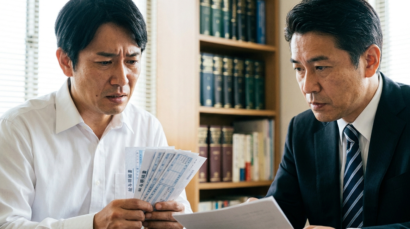 給与明細を手に、弁護士へ会社の未払い賃金について相談する労働者の男性。真剣に話を聞く弁護士。
