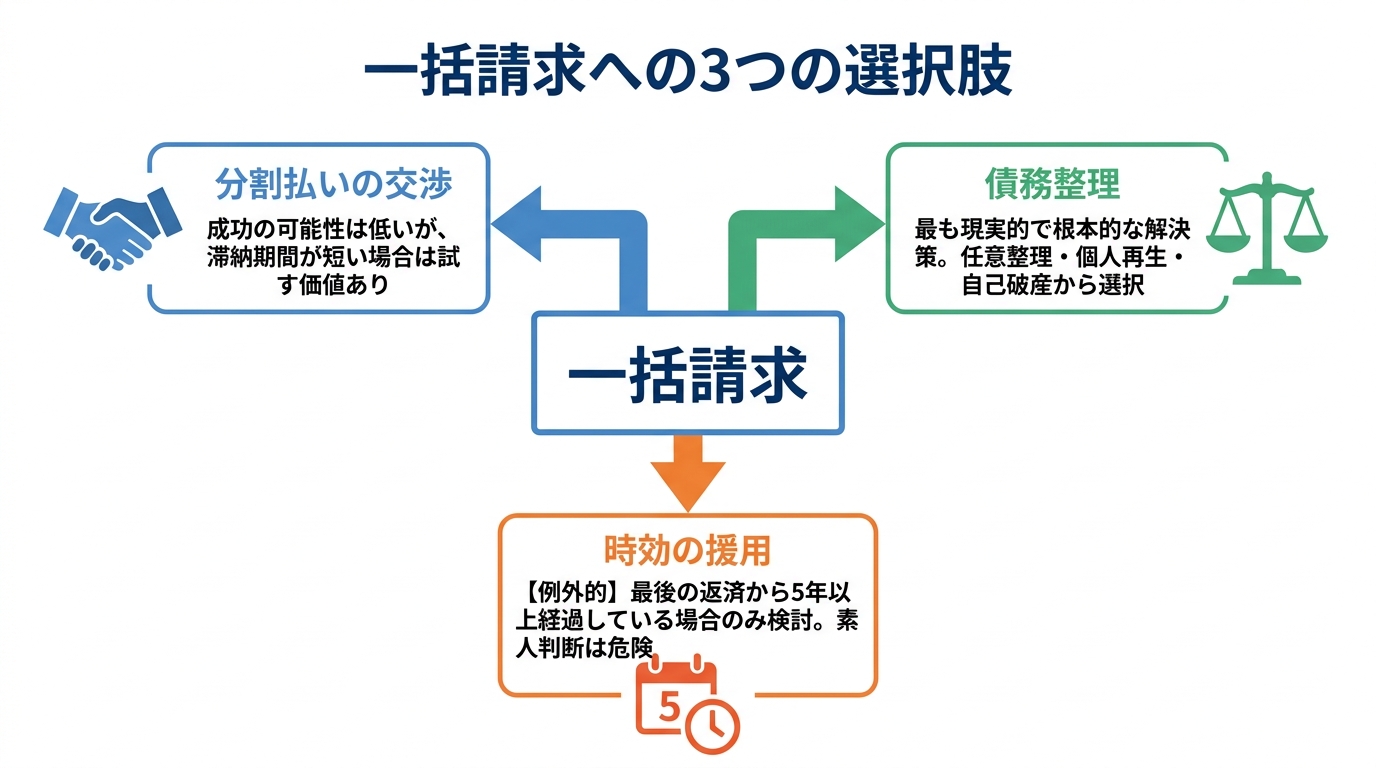 一括請求が届いた際の3つの選択肢を示すフローチャート。「分割交渉」「債務整理」「時効の援用」のそれぞれについて、どのような状況で有効な選択肢となるかの概要を解説している。