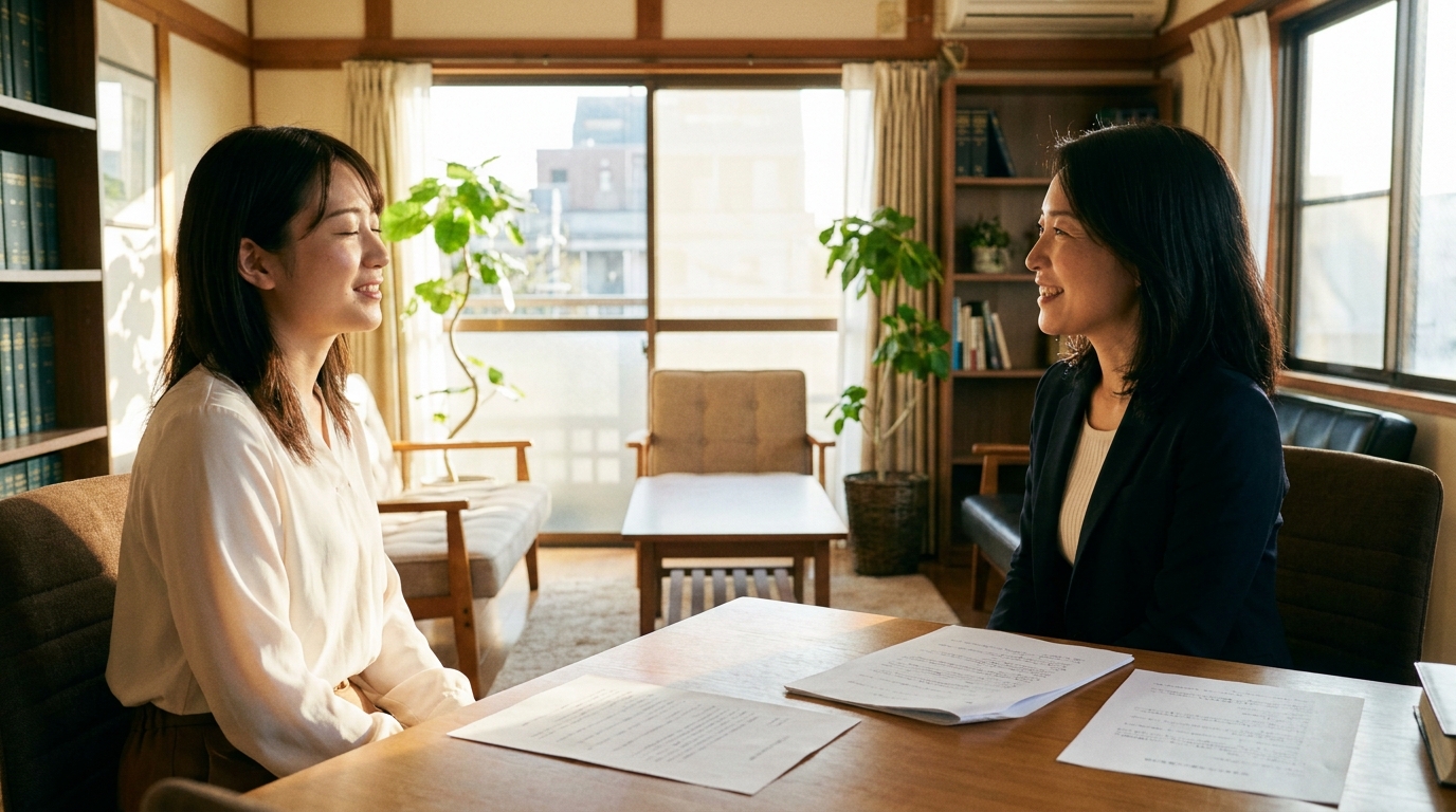 法律事務所で弁護士に相談し、安堵の表情を浮かべる女性。借金問題解決への希望を見出した様子。