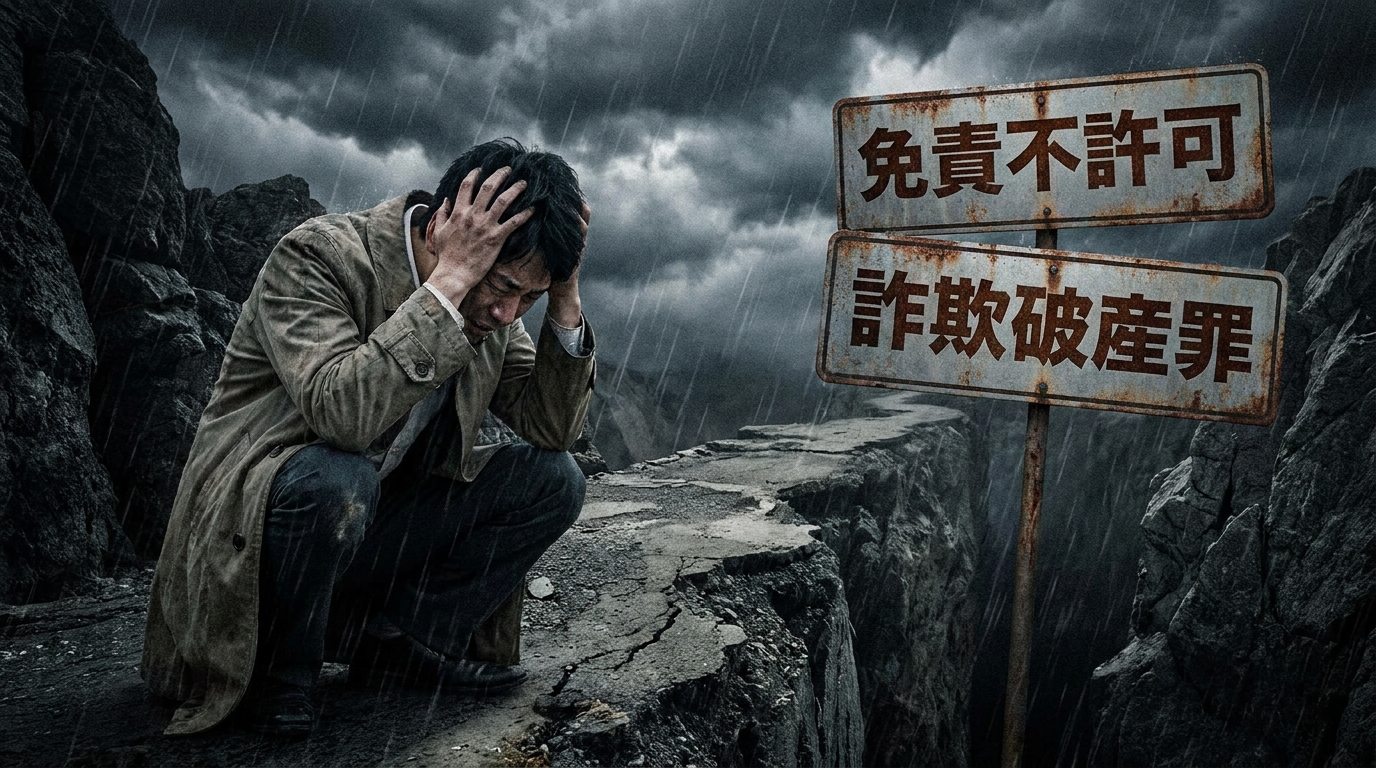 財産隠しという危険な道の前で立ち止まり、苦悩する男性のイラスト。「免責不許可」と「詐欺破産罪」というリスクを象徴している。
