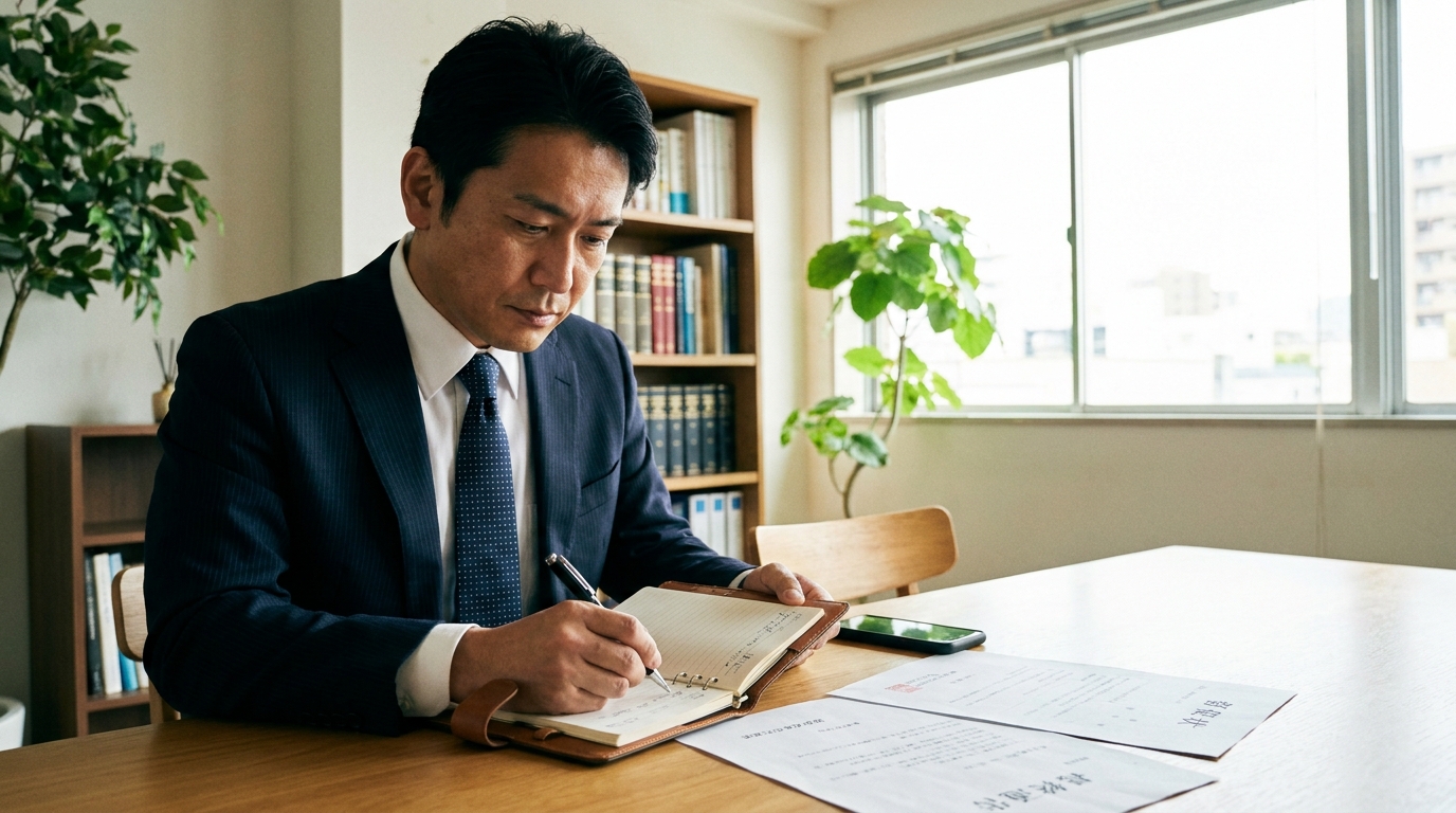 督促状を前に、冷静にメモを取りながら弁護士への報告を準備している男性。問題解決に向けて主体的に行動している様子。