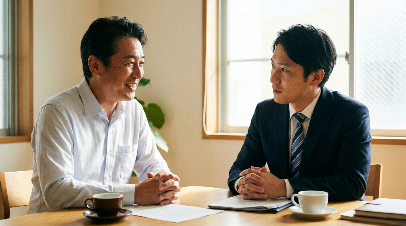 法律事務所で弁護士に相談し、安心した表情を浮かべる男性。自己破産の手続きについて前向きに話している様子。