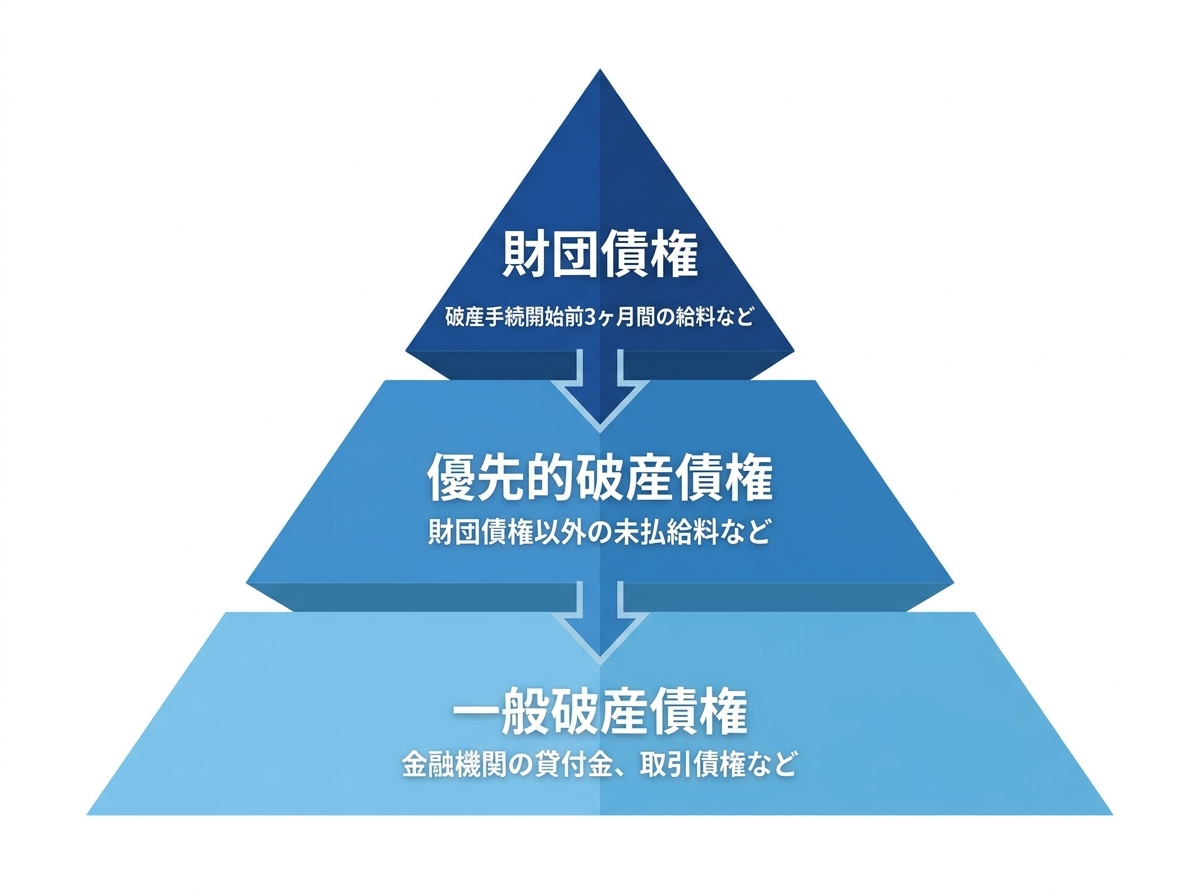 破産手続きにおける債権の優先順位を示す図解。上から財団債権、優先的破産債権、一般破産債権の順に優先度が高いことを示している。