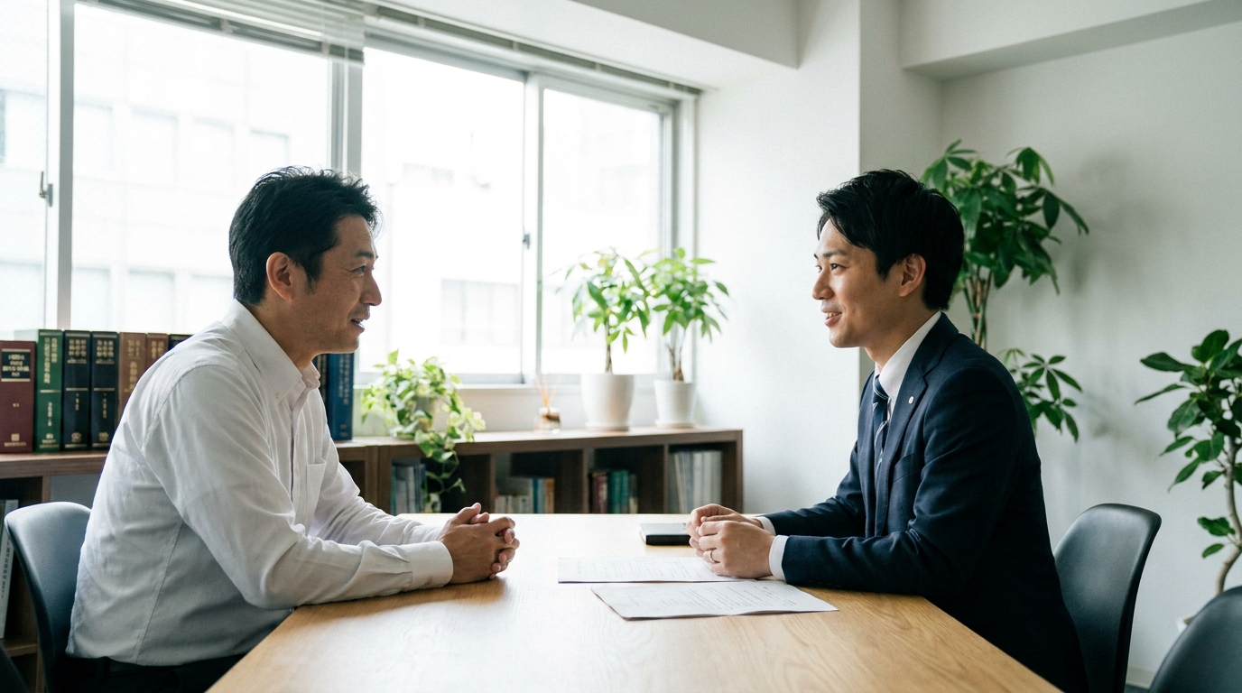法律事務所で弁護士に相談し、安堵の表情を浮かべる男性。一括請求の悩みを専門家に打ち明けることで精神的な負担が軽くなる様子を表現している。