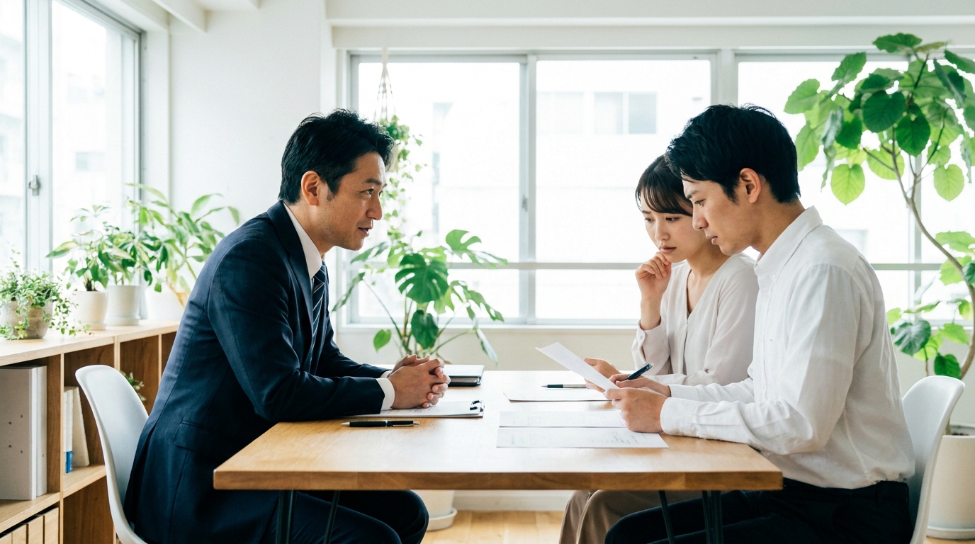 法律事務所で弁護士に相談する夫婦。専門家が親身に話を聞くことで、問題解決への道筋が見えてくる様子。