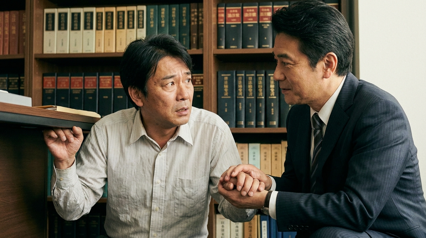 財産隠しをしようとして弁護士に止められている男性のイラスト。自己判断の危険性を示唆している。