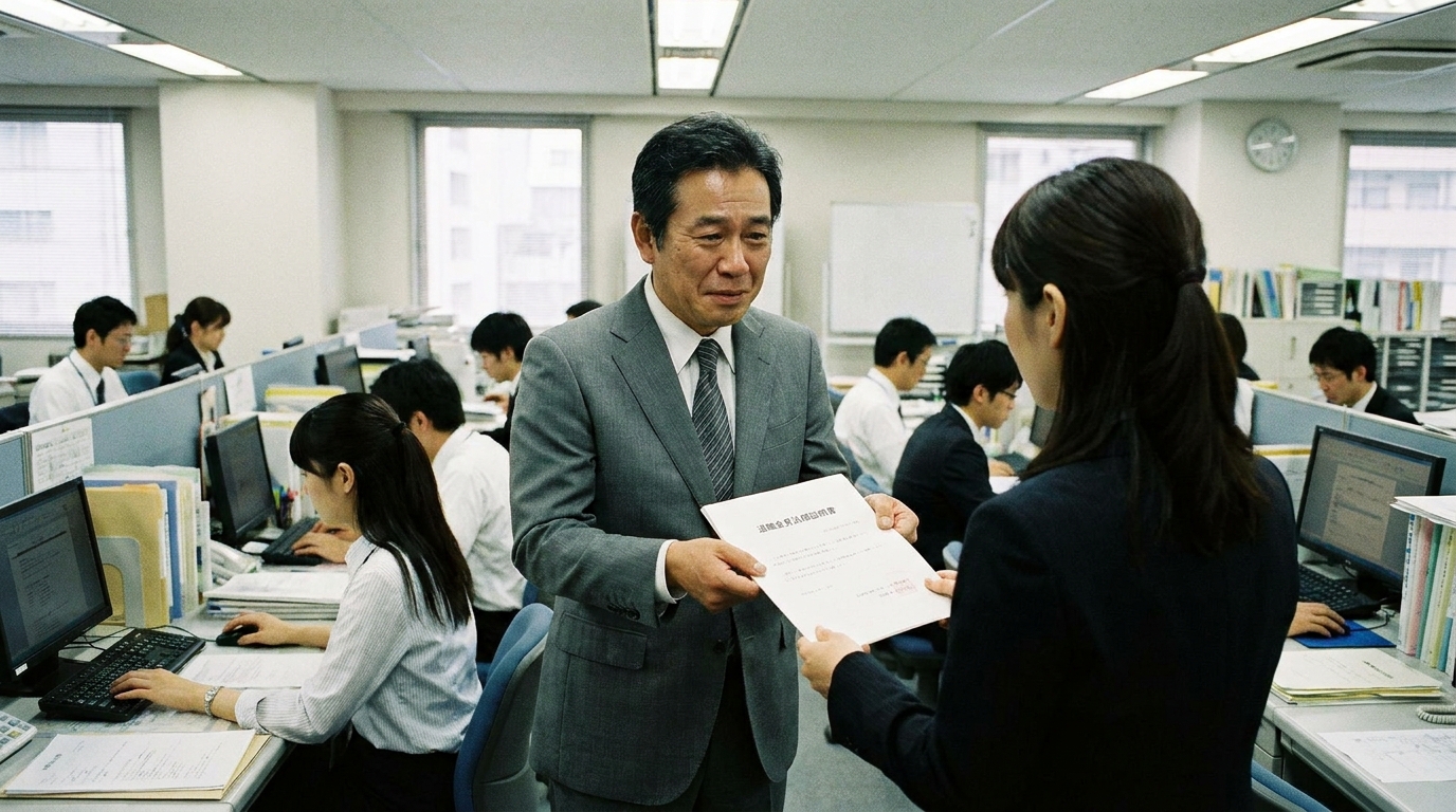 会社の人事担当者から、自己破産のことを知られずに退職金見込額証明書を受け取り、安堵している男性。