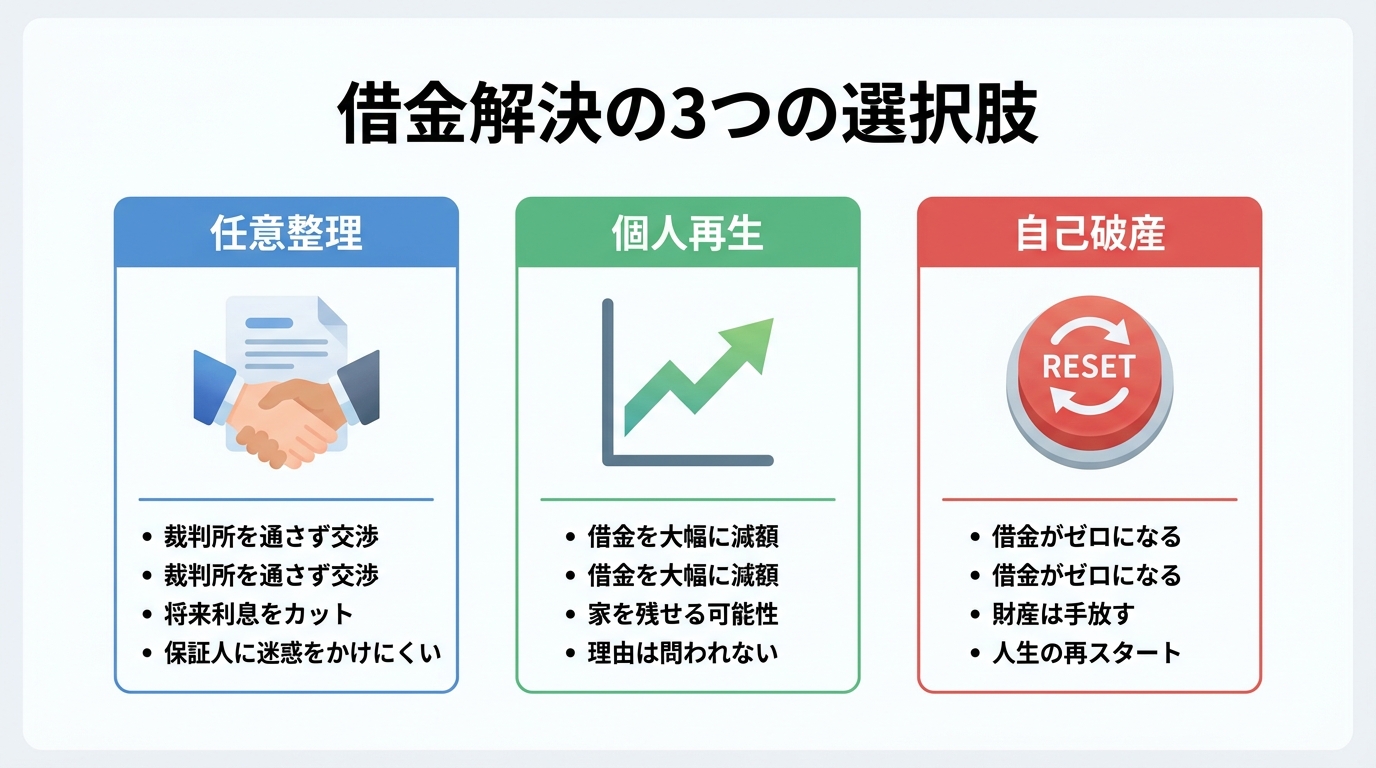 債務整理の3つの方法（任意整理、個人再生、自己破産）のメリット・デメリットを比較した図解。