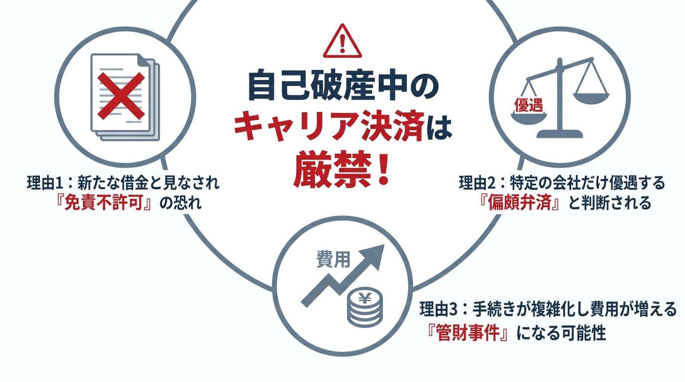 自己破産中にキャリア決済がダメな3つの理由を図解したインフォグラフィック。免責不許可、偏頗弁済、管財事件のリスクが示されている。