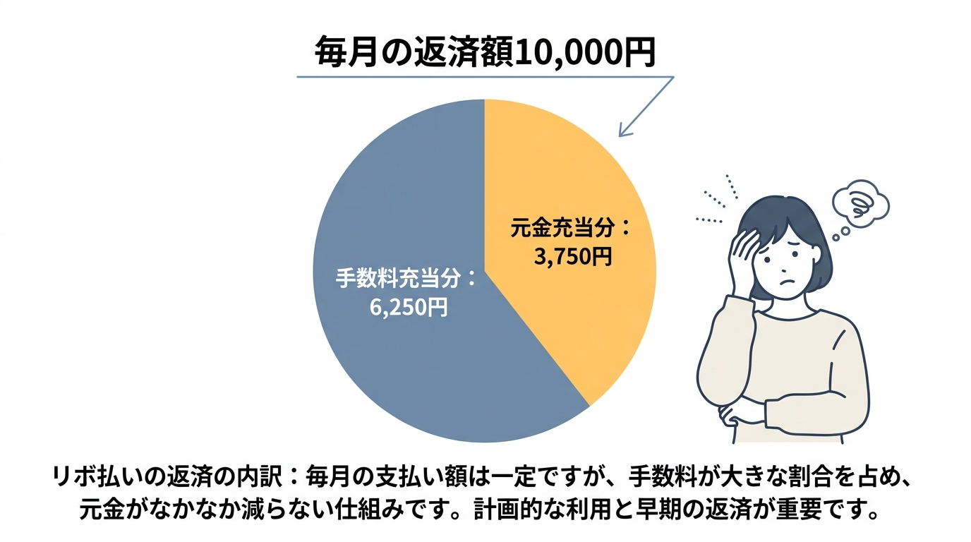 リボ払いの返済額1万円の内訳を示す円グラフ。6,250円が手数料に、3,750円が元金返済に充てられていることを示しており、元金がなかなか減らない仕組みを可視化している。
