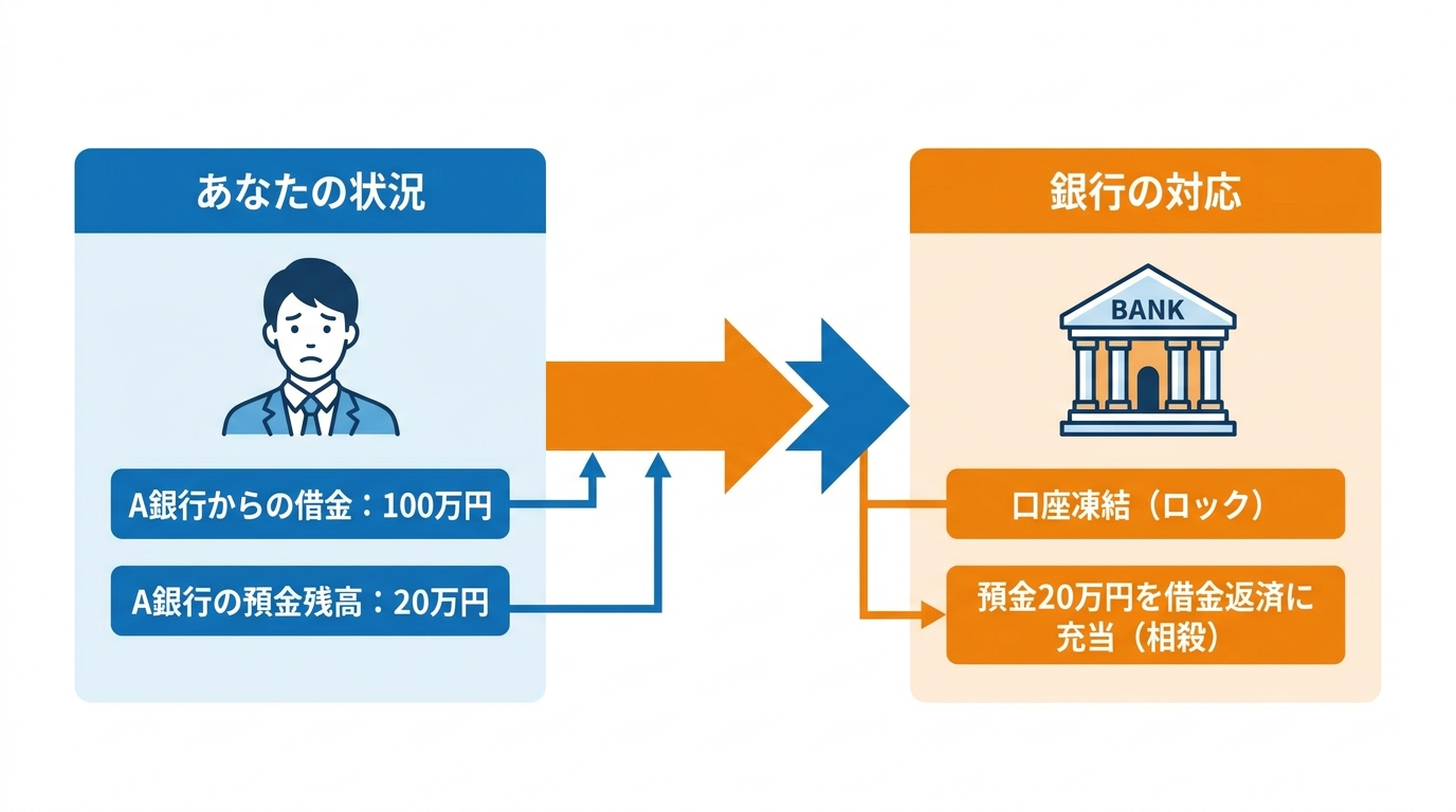 債務整理における銀行口座凍結と相殺の仕組みを図解で解説。借金がある銀行の預金が返済に充てられる流れが示されている。