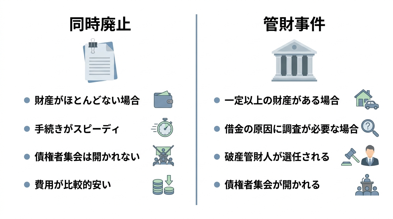 自己破産手続きの種類「同時廃止」と「管財事件」の違いを比較する図解。同時廃止は財産が少なく手続きが早いが、管財事件は財産がある場合に債権者集会が開かれる。