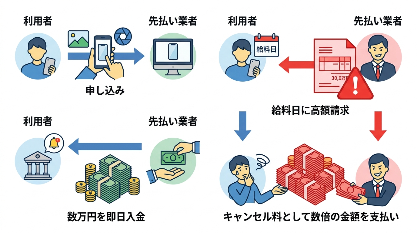 先払い業者の巧妙な手口を4ステップで解説した図解。申し込みから査定額の入金、そして給料日に高額なキャンセル料を請求されるまでの流れを示している。