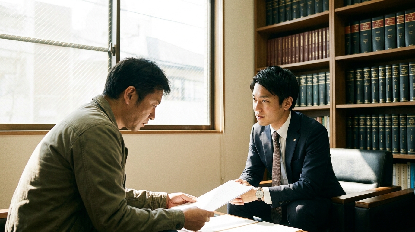 法律事務所で弁護士に相談している男性。不安な表情の相談者に対し、弁護士が親身に話を聞いている様子。
