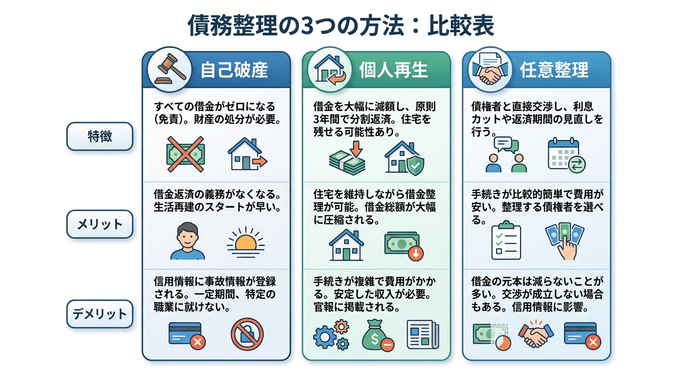 自己破産、個人再生、任意整理という3つの債務整理方法のメリット・デメリットを比較した表。