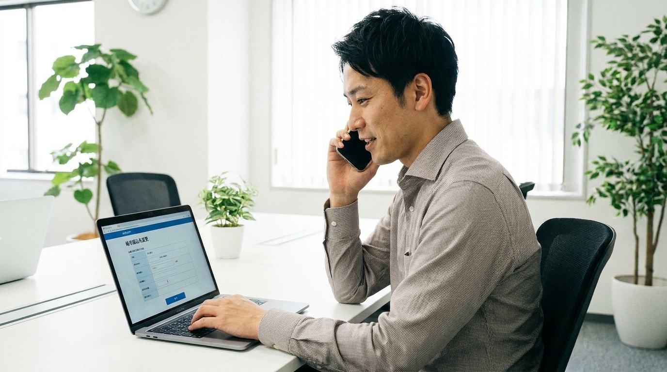 債務整理の準備として、勤務先に給与振込口座の変更手続きを電話で行っている男性。生活を守るための重要な対策の一つ。