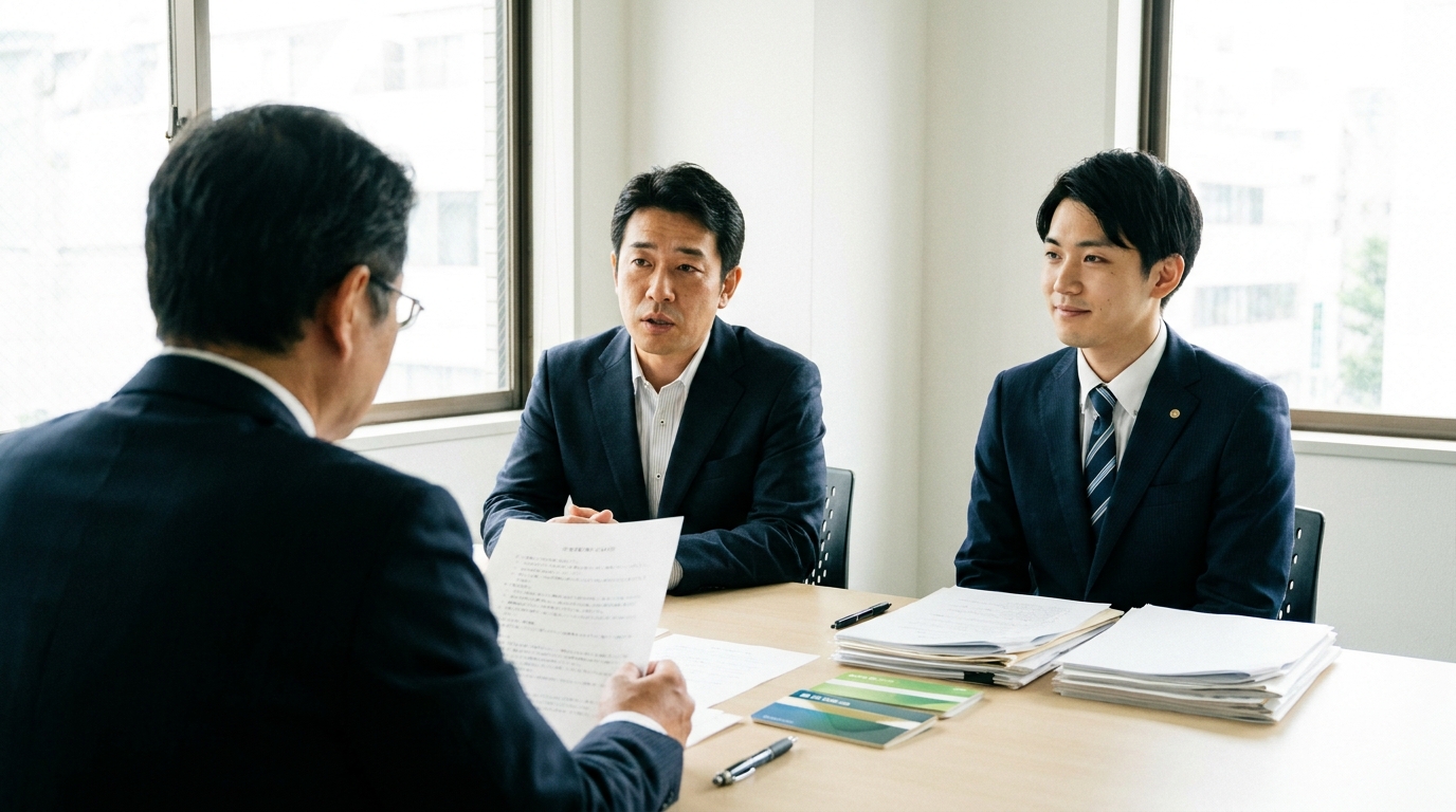 法律事務所で行われている管財人面接の様子。申立人と代理人弁護士が、破産管財人の質問に誠実に答えている。