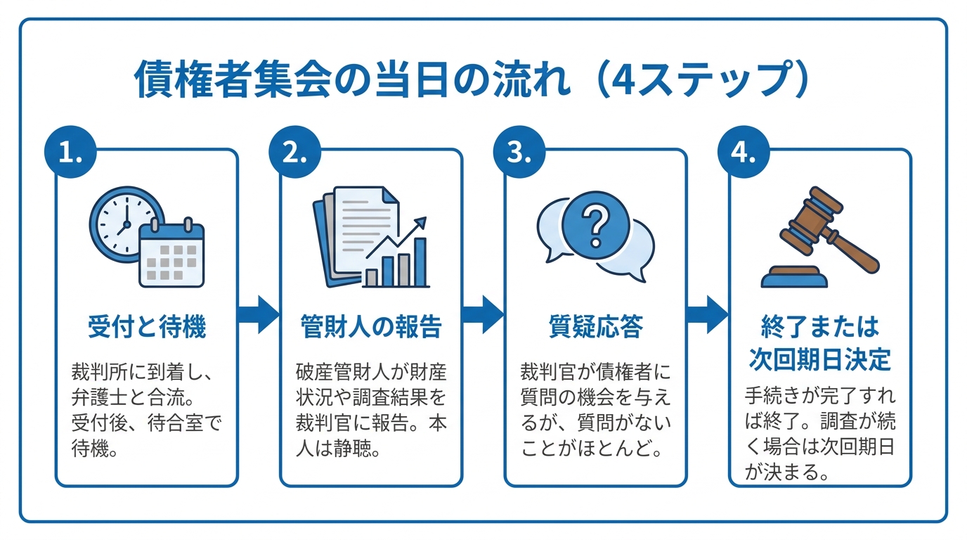 債権者集会の当日の流れを4ステップで示したフローチャート。受付・待機、管財人の報告、質疑応答、終了という手順を解説しています。