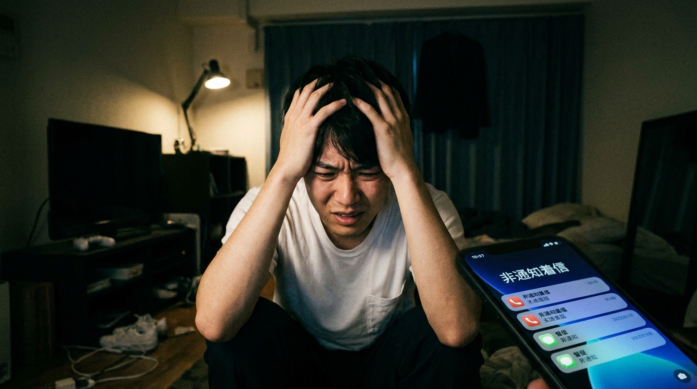 先払い業者からの執拗な取り立てに遭い、スマートフォンを前に頭を抱え、絶望している男性。