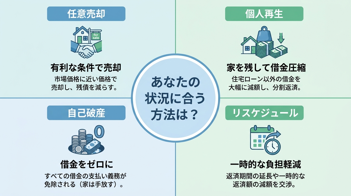 競売を回避するための4つの方法（任意売却、個人再生、自己破産、リスケジュール）を比較する図解。それぞれのメリットが一目でわかるようになっている。