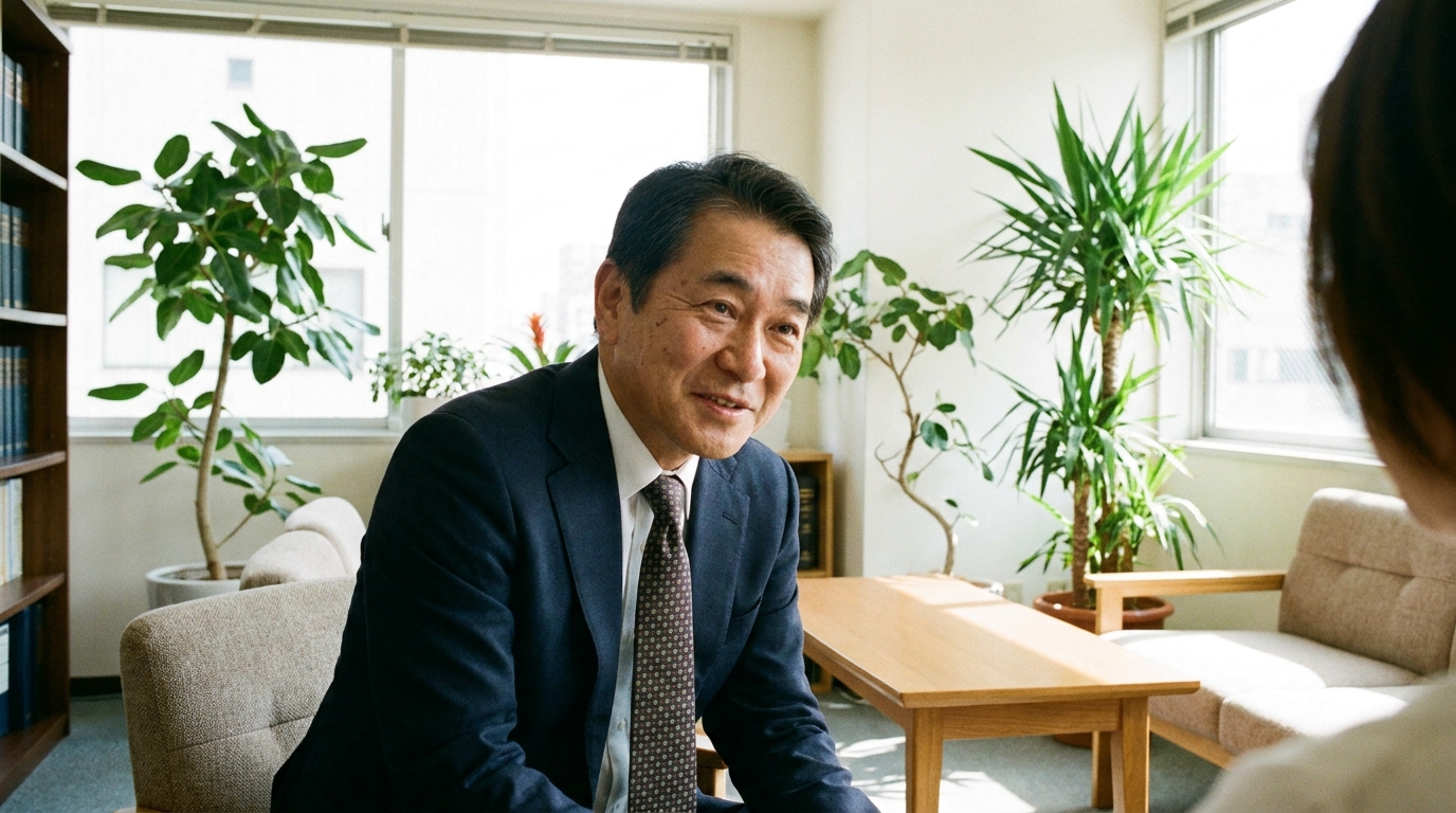 法律事務所で依頼者の話に親身に耳を傾ける弁護士。安心して相談できる雰囲気を示している。