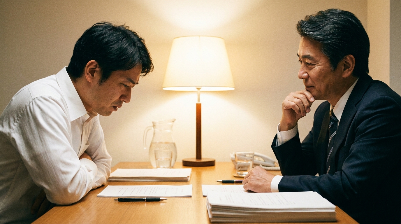 給与が凍結口座に振り込まれてしまい、途方に暮れた男性が法律事務所で弁護士に相談している様子。専門家が親身に対応している。