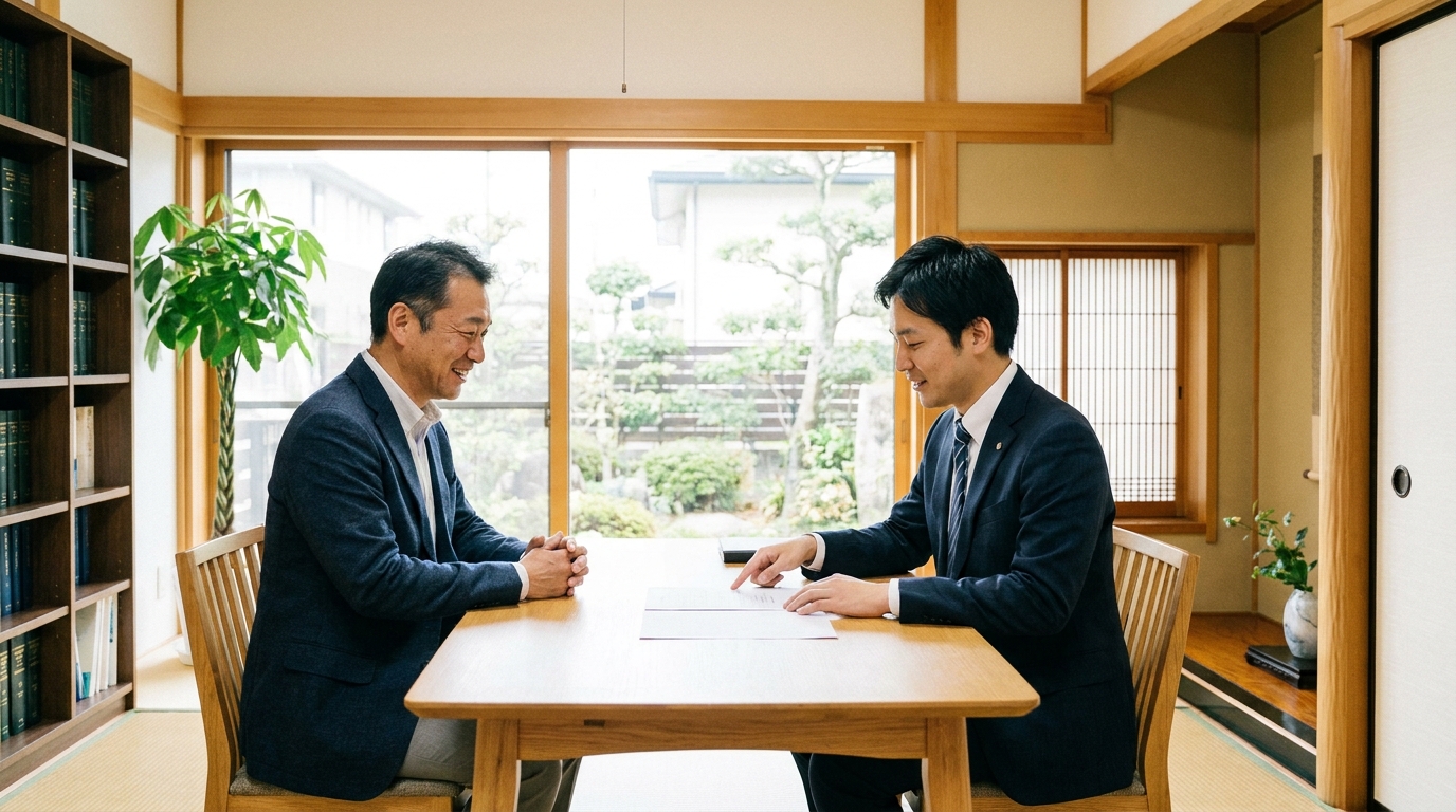 法律事務所で弁護士から説明を受け、安心した表情を浮かべる男性相談者。債権者集会前の準備や打ち合わせの様子をイメージしています。